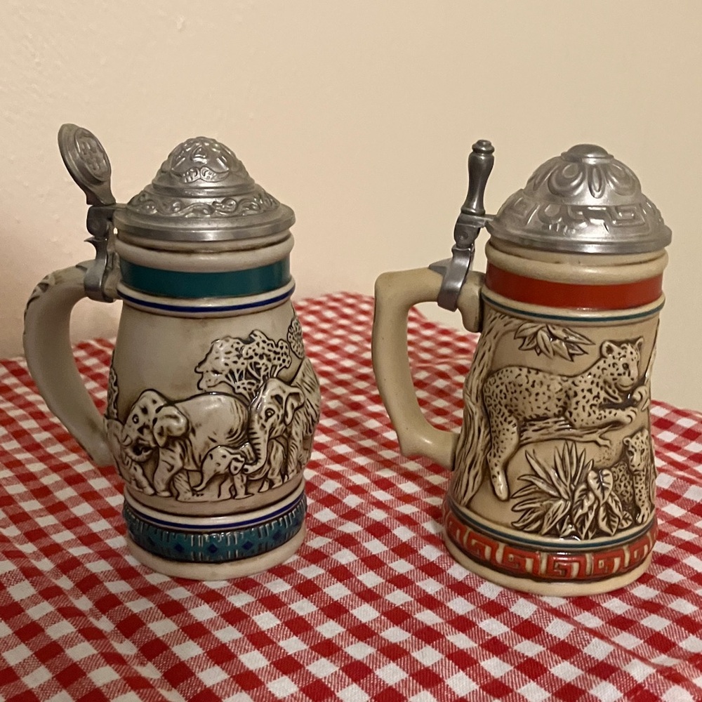 Ceramic Stein Beer Mug with Pewter Lid - Blue and Orange Accents